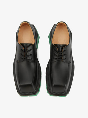 Chunky Derby Schuhe – grüne Sohle, Paar von oben | XoKool