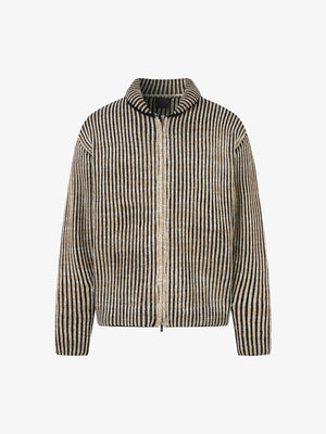 Vertical Striped Zip Up Cardigan with Collar – Khaki, front view | XoKool