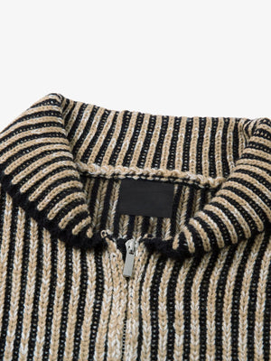 Vertical Striped Zip Up Cardigan with Collar – Khaki, collar close-up | XoKool