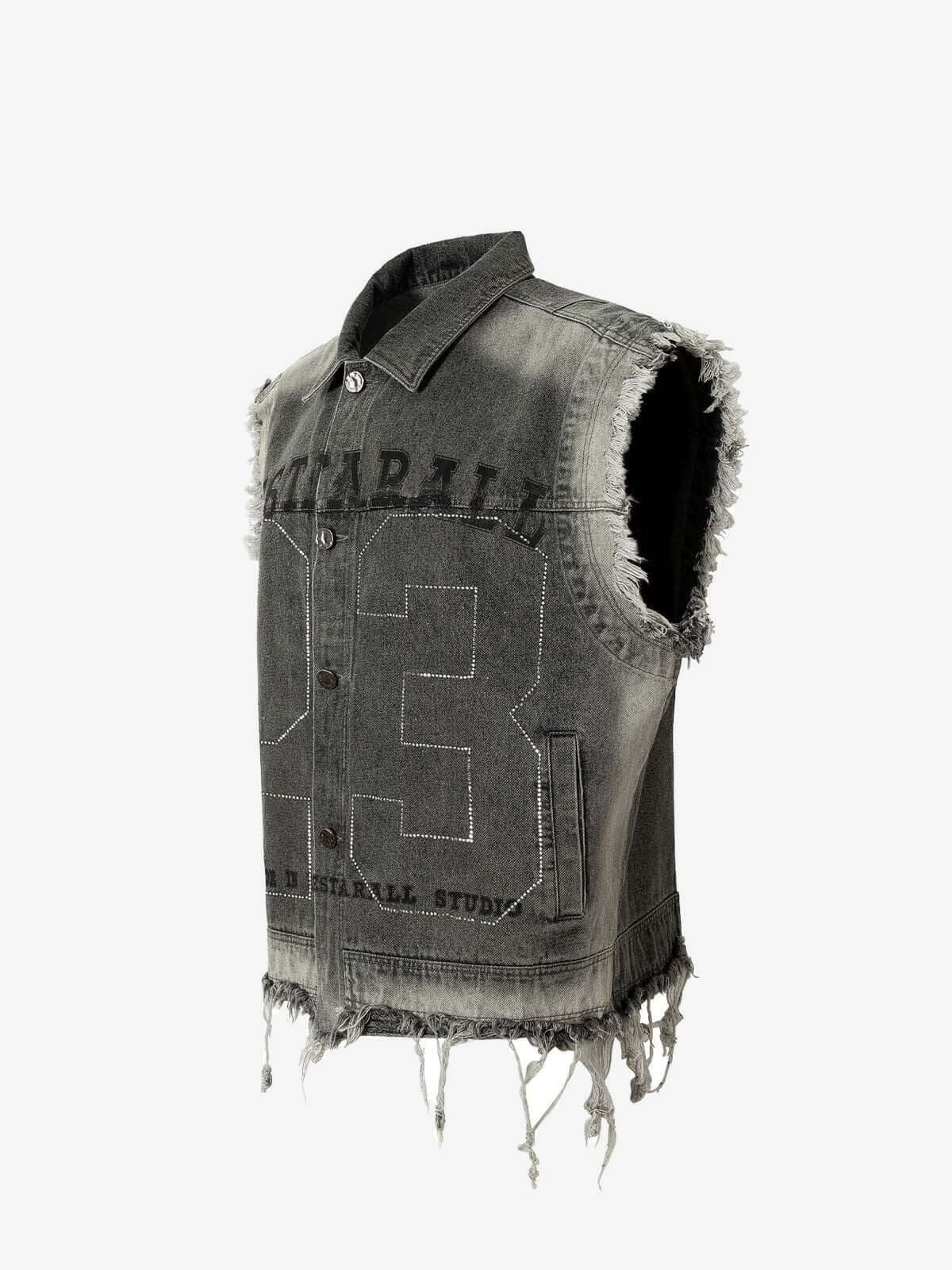 Graue Jeansweste mit Strass-Schriftzug im College-Stil – Grau, Seitenansicht | XoKool