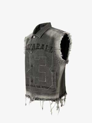 Graue Jeansweste mit Strass-Schriftzug im College-Stil – Grau, Seitenansicht | XoKool