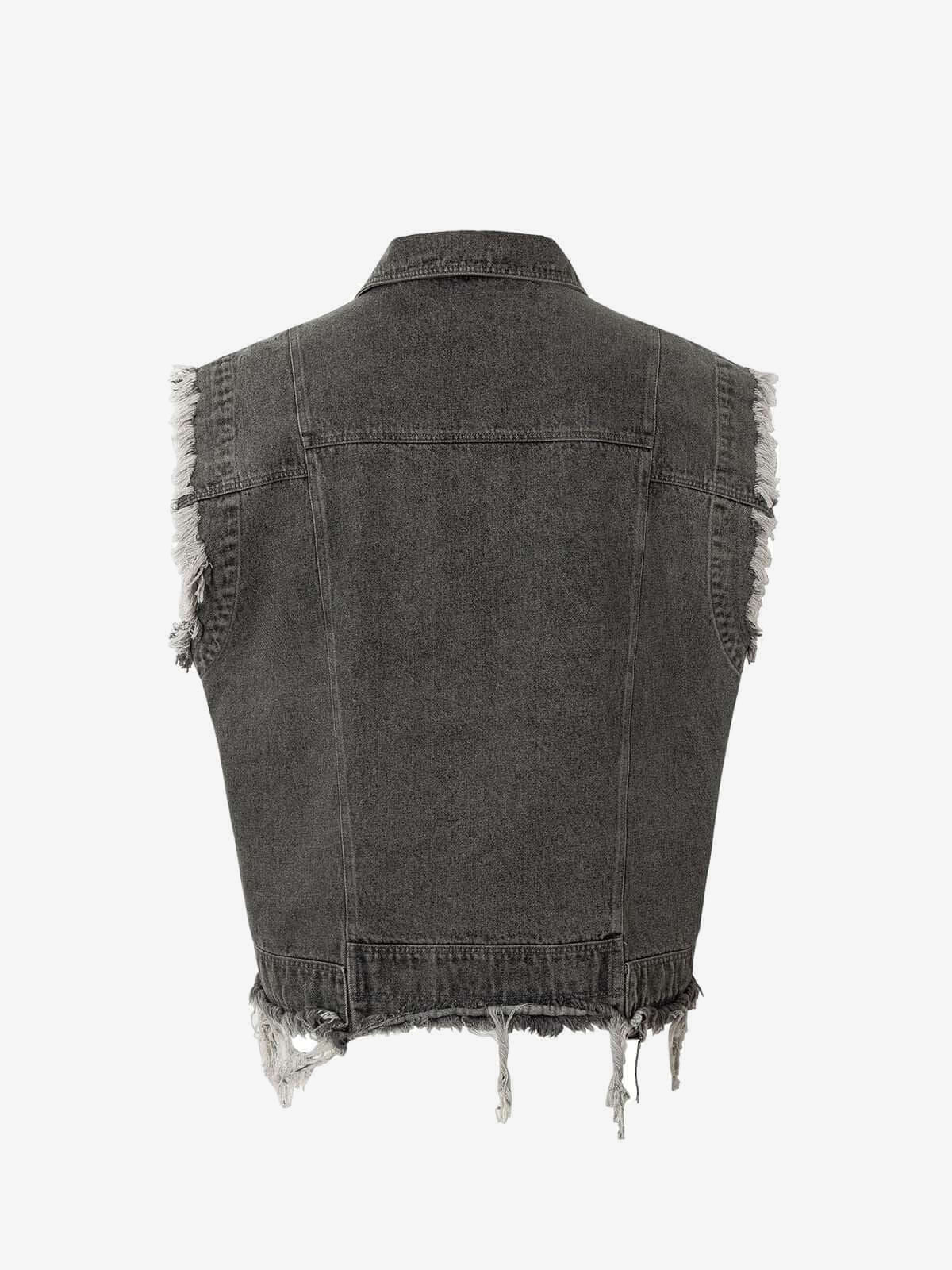 Graue Jeansweste mit Strass-Schriftzug im College-Stil – Grau, Rückseite flach | XoKool