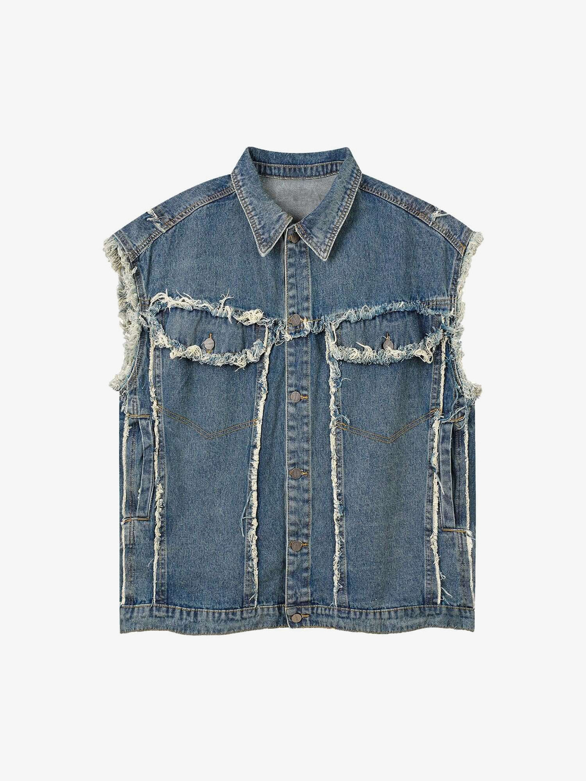 Raw Edge Sleeveless Denim Jacket in Blue Wash – Blue, front flat | XoKool