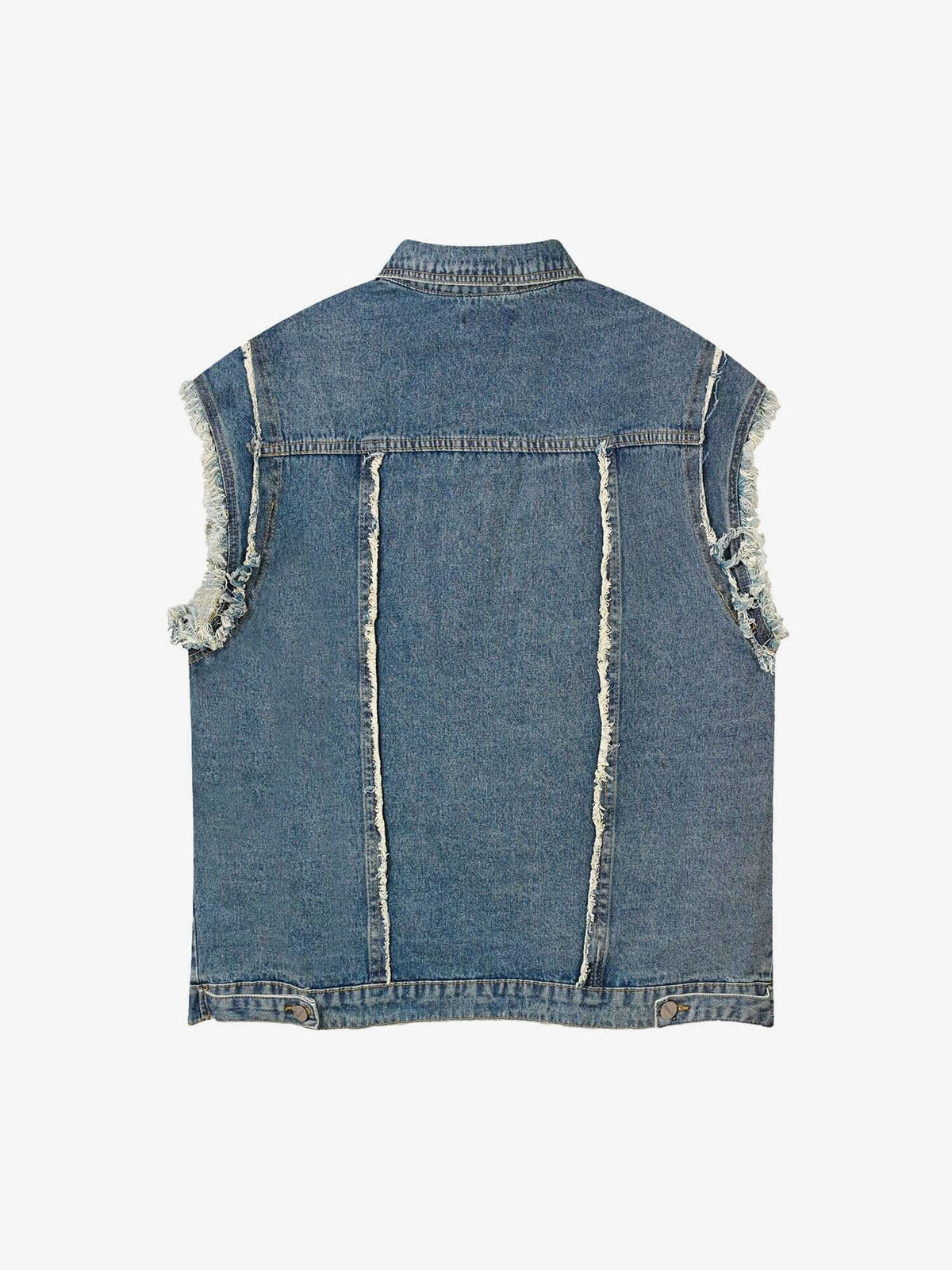 Raw Edge Sleeveless Denim Jacket in Blue Wash – Blue, back flat | XoKool