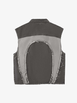 Zweifarbige Patchwork-Jeansweste mit Herz-Einsätzen – Grau, Rückansicht | XoKool