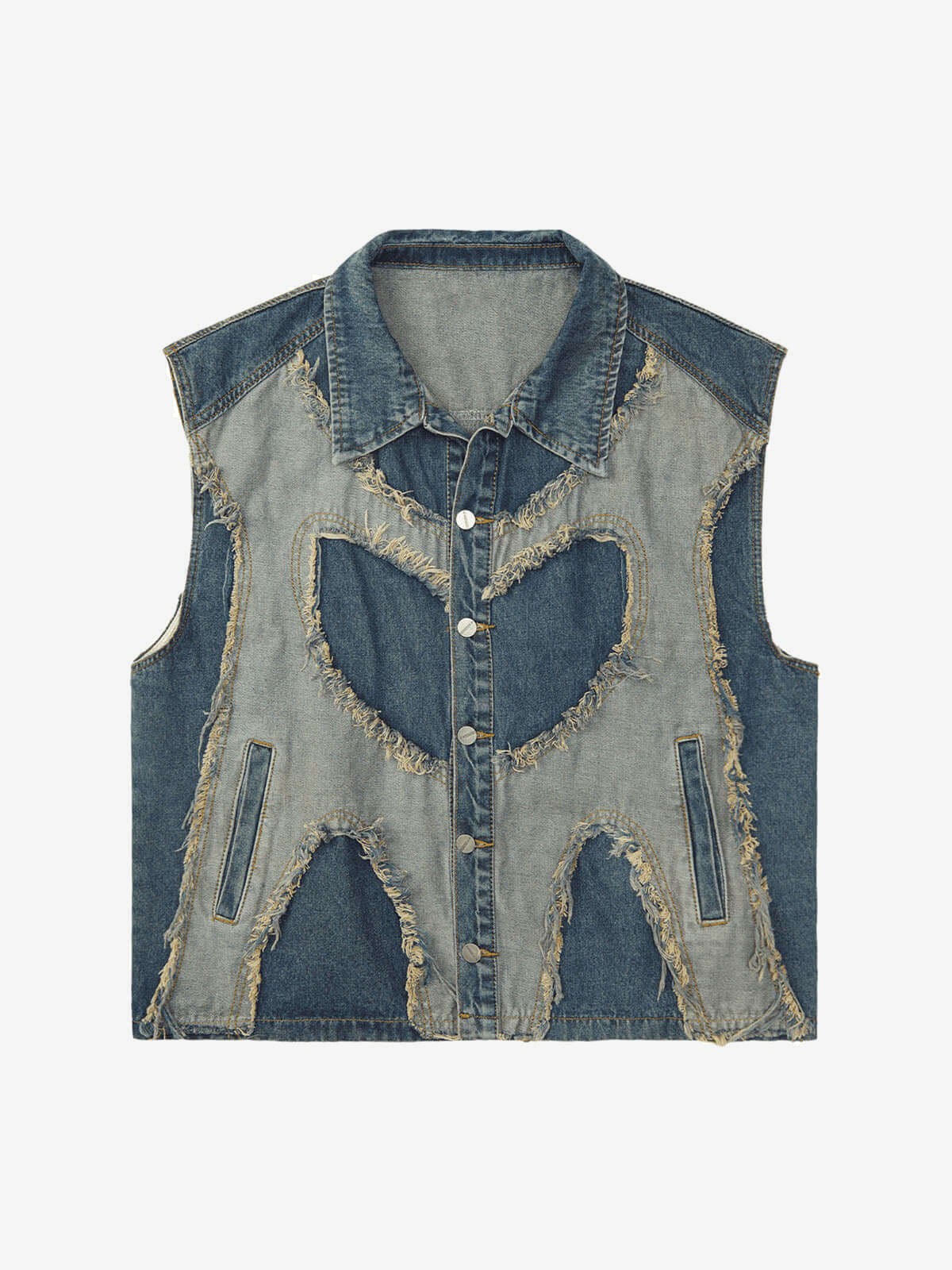 Two-Tone Patchwork Denim Vest with Heart Panels – Blue, front view | XoKool