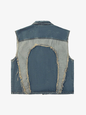 Zweifarbige Patchwork-Jeansweste mit Herz-Einsätzen – Blau, Rückansicht | XoKool