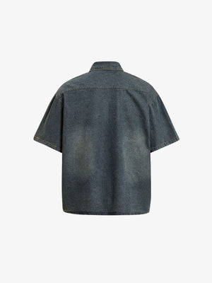 Vintage Blue Denim Short Sleeve Shirt with Patches – Vintage Blue, back flat | XoKool