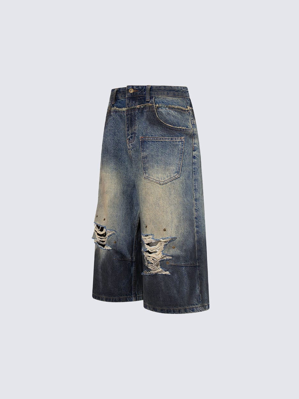 Vintage Blue Ripped Baggy Jean Shorts – Vintage Blue, side flat | XoKool