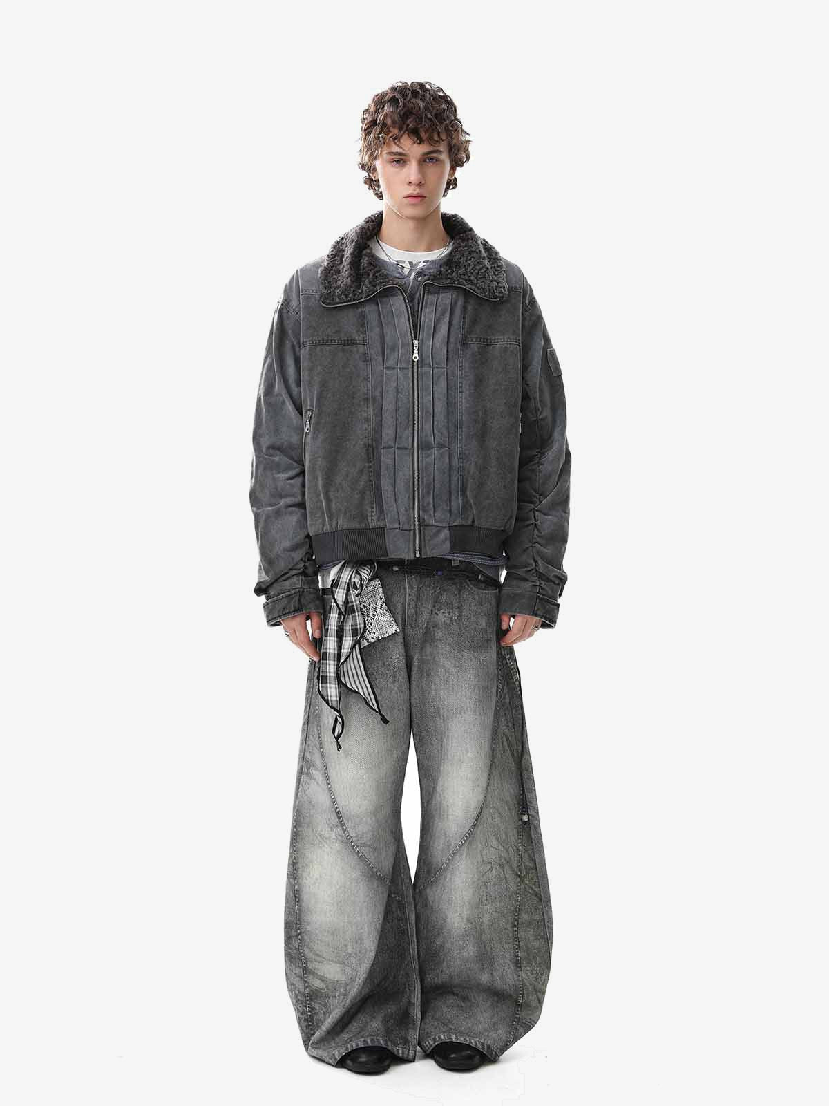 Washed Canvas Jacket with Faux Shearling Collar – on model, full body | XoKool