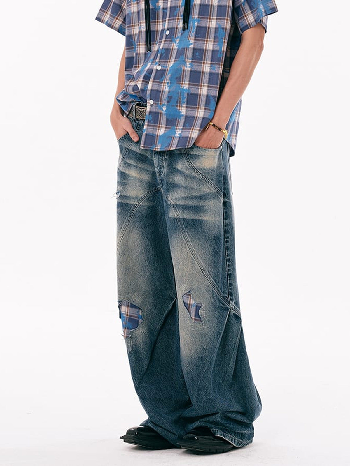 Vintage Flare Jeans with Patch Repairs – on model front | XoKool