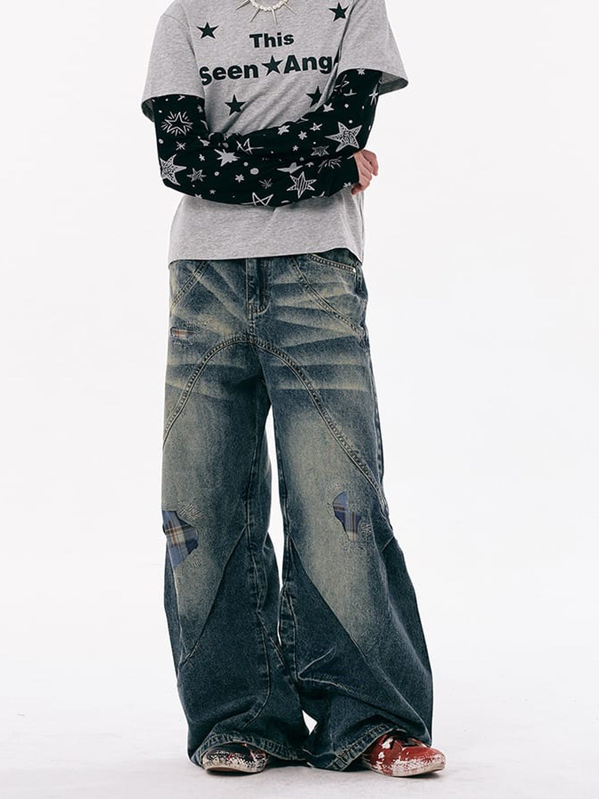 Vintage Flare Jeans with Patch Repairs – on model front | XoKool