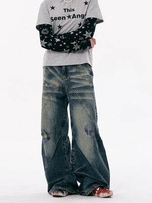 Vintage Flare Jeans with Patch Repairs – on model front | XoKool