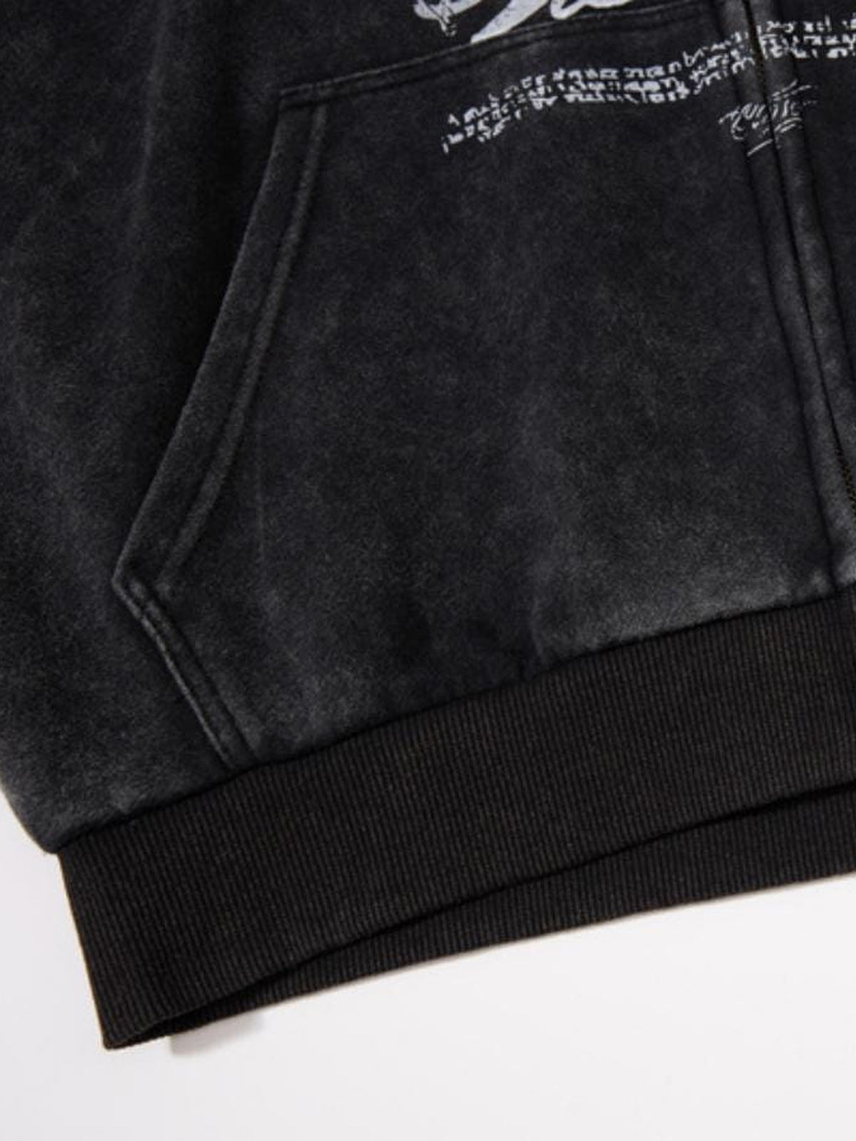 Vintage Lettering Washed Black Zip Up Hoodie – Pocket and hem close-up | XoKool