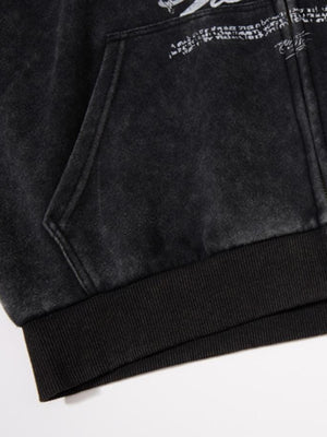 Vintage Lettering Washed Black Zip Up Hoodie – Pocket and hem close-up | XoKool