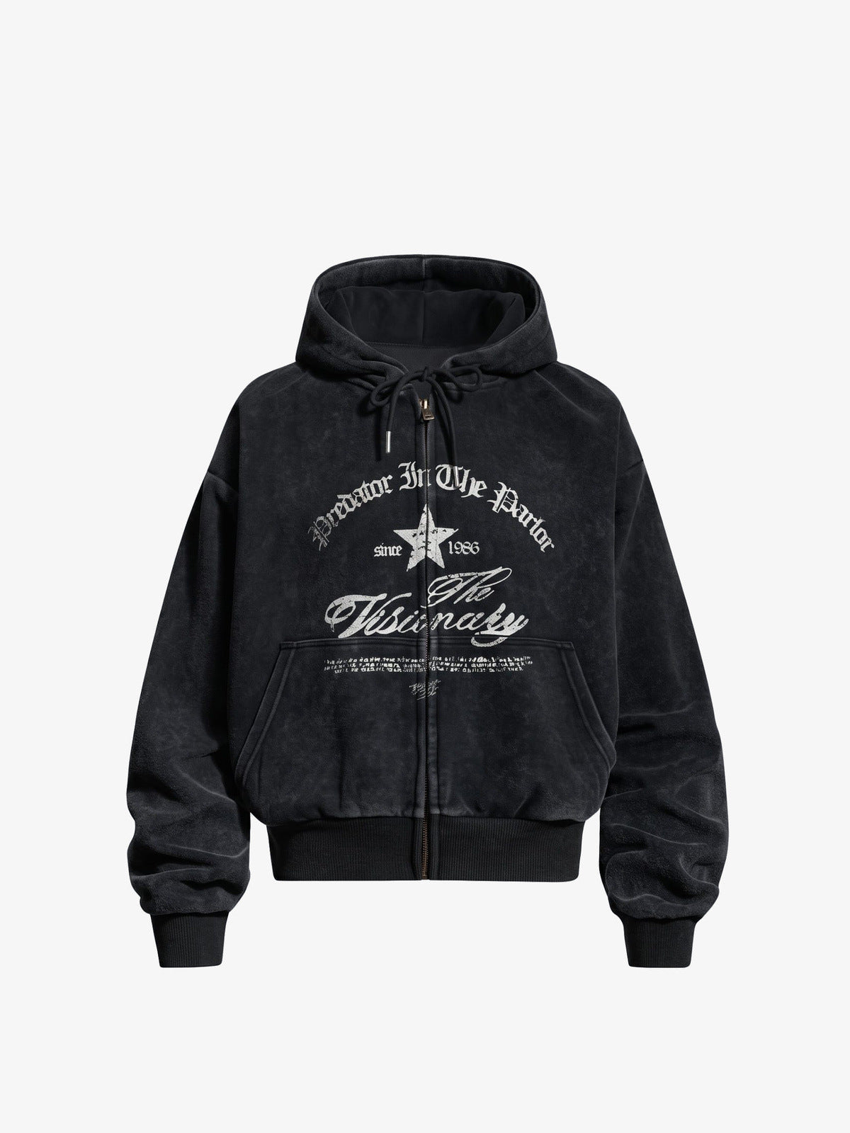 Hoodie con cierre Vintage Lettering negro efecto lavado – negro efecto lavado, vista frontal | XoKool