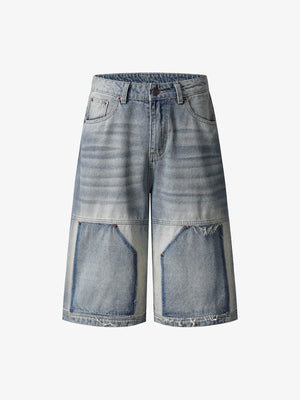 Long Patchwork Jorts with Raw Hem – Blue, front view | XoKool