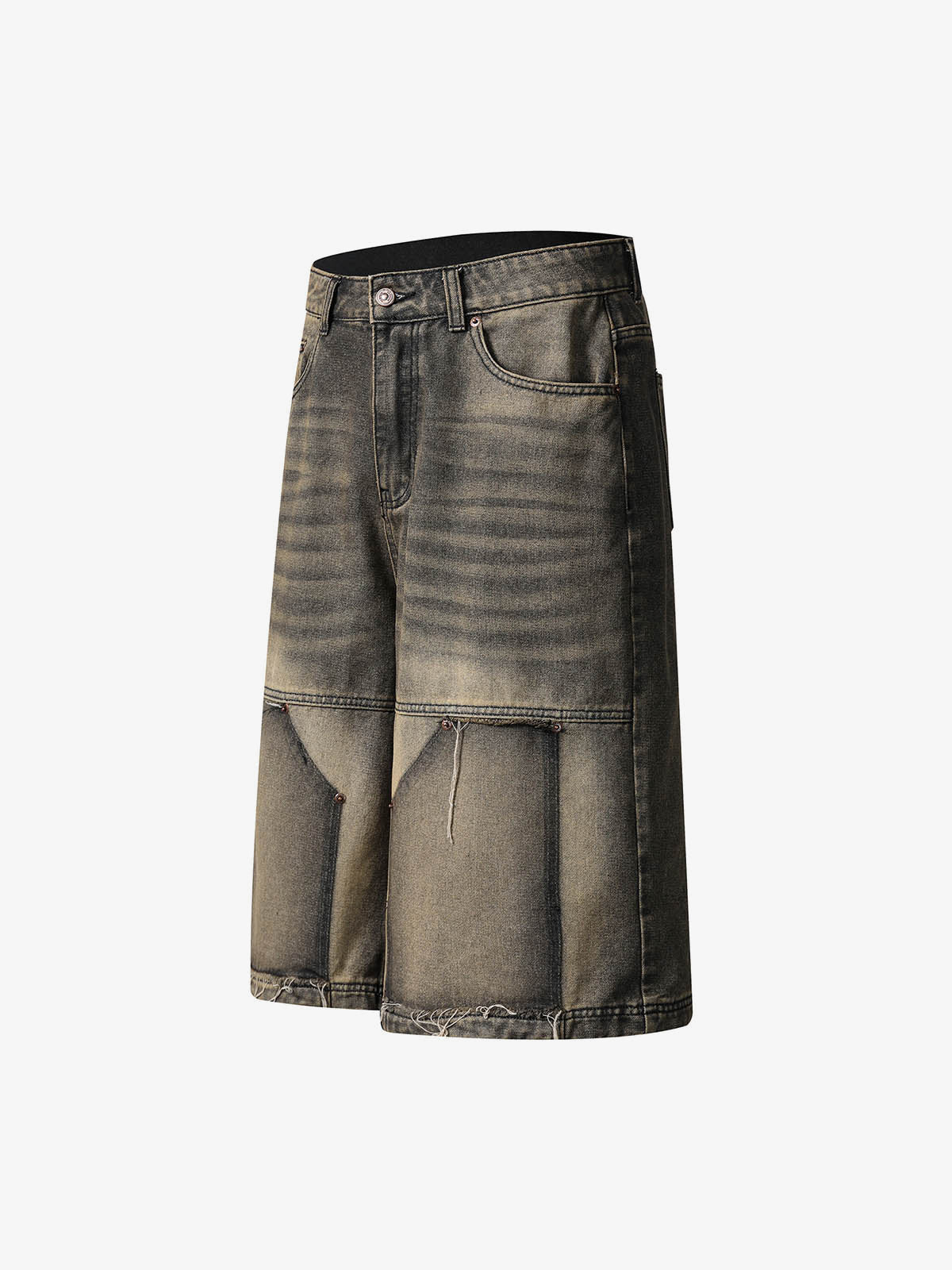Long Patchwork Jorts with Raw Hem – Brown Wash, side view | XoKool