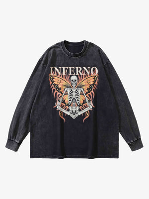 Camiseta de manga larga negro lavado con esqueleto y mariposa – Negro lavado, vista frontal | XoKool