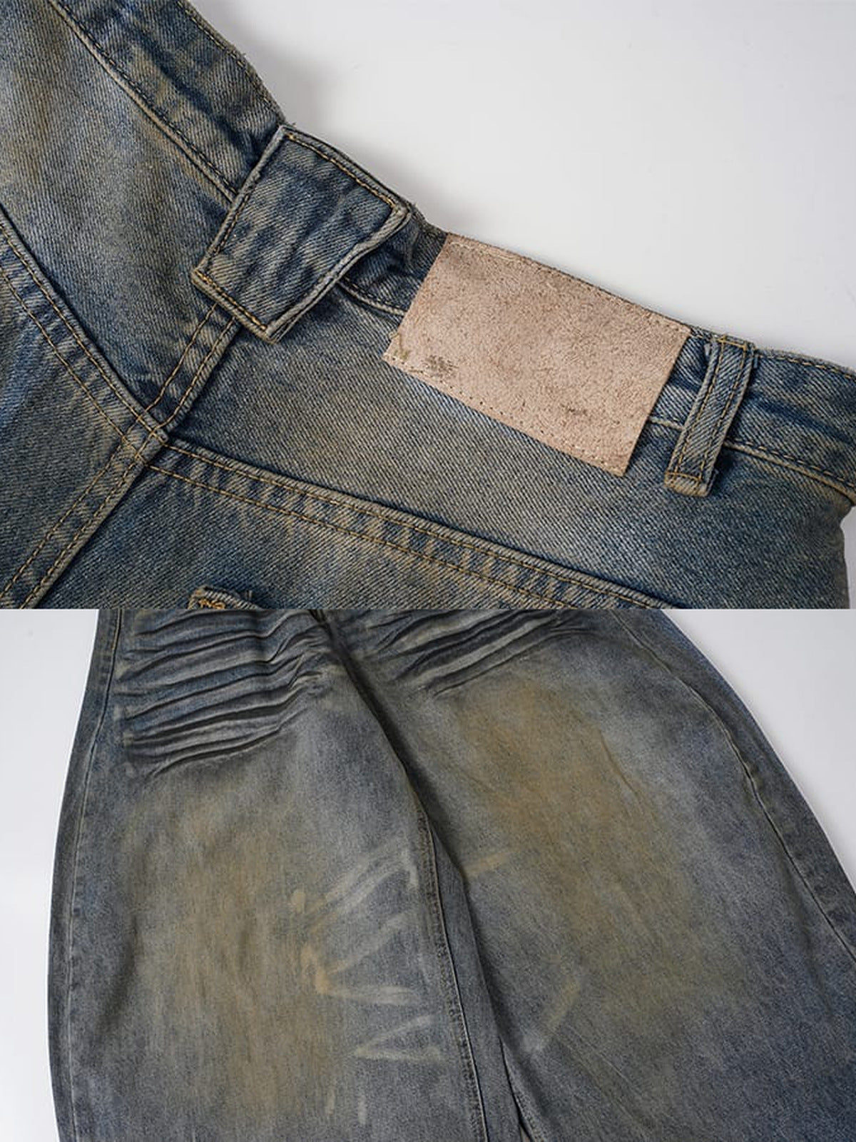 Jeans barrel con lavado vintage – detalle del parche trasero y las arrugas de la rodilla | XoKool