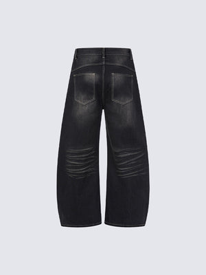 Vintage Wash Barrel Leg Jeans – Schwarz, Rückseite flach | XoKool