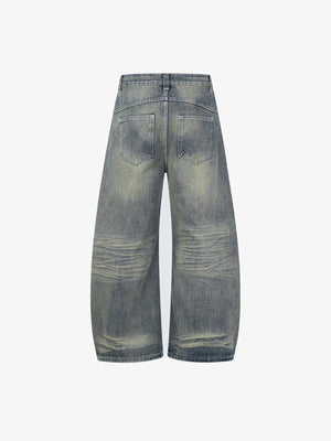 Vintage Wash Barrel Leg Jeans – Vintage Yellow Wash, Rückseite flach | XoKool