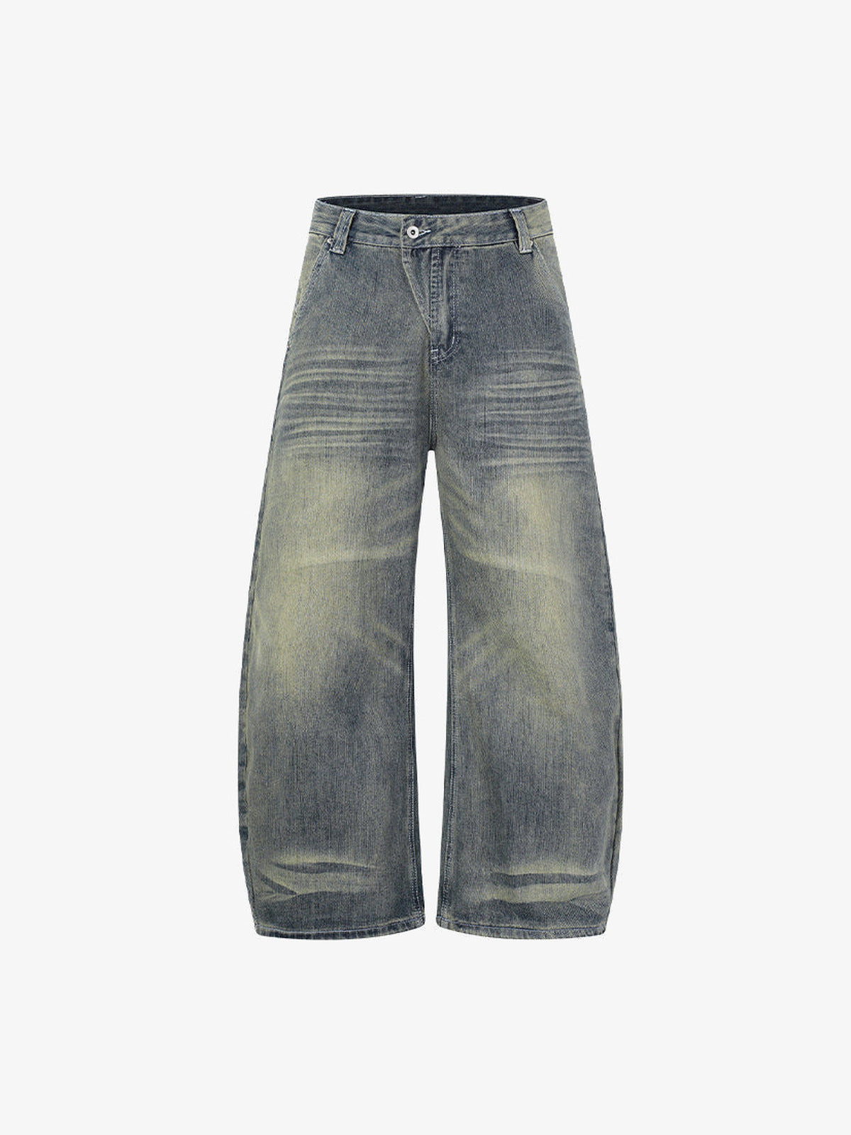 Vintage Wash Barrel Leg Jeans – Vintage Yellow Wash, Vorderseite flach | XoKool