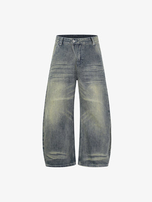 Vintage Wash Barrel Leg Jeans – Vintage Yellow Wash, Vorderseite flach | XoKool