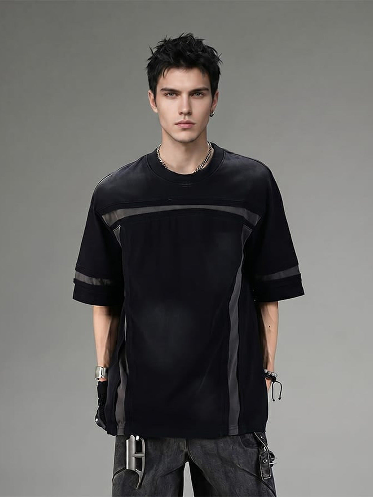 Vintage Wash Boxy Tee with Contrast Panels – Washed Black, on model, front | XoKool