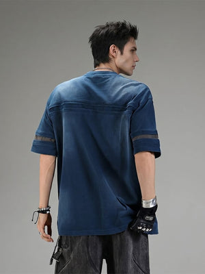 Contrast panel boxy tee – Washed Blue, on model, back | XoKool