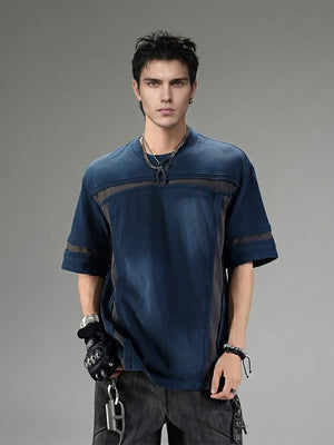 Contrast panel boxy tee – Washed Blue, on model, front | XoKool