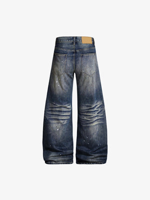Vintage Wash Wide Leg Jeans with Paint Splatter – back flat | XoKool