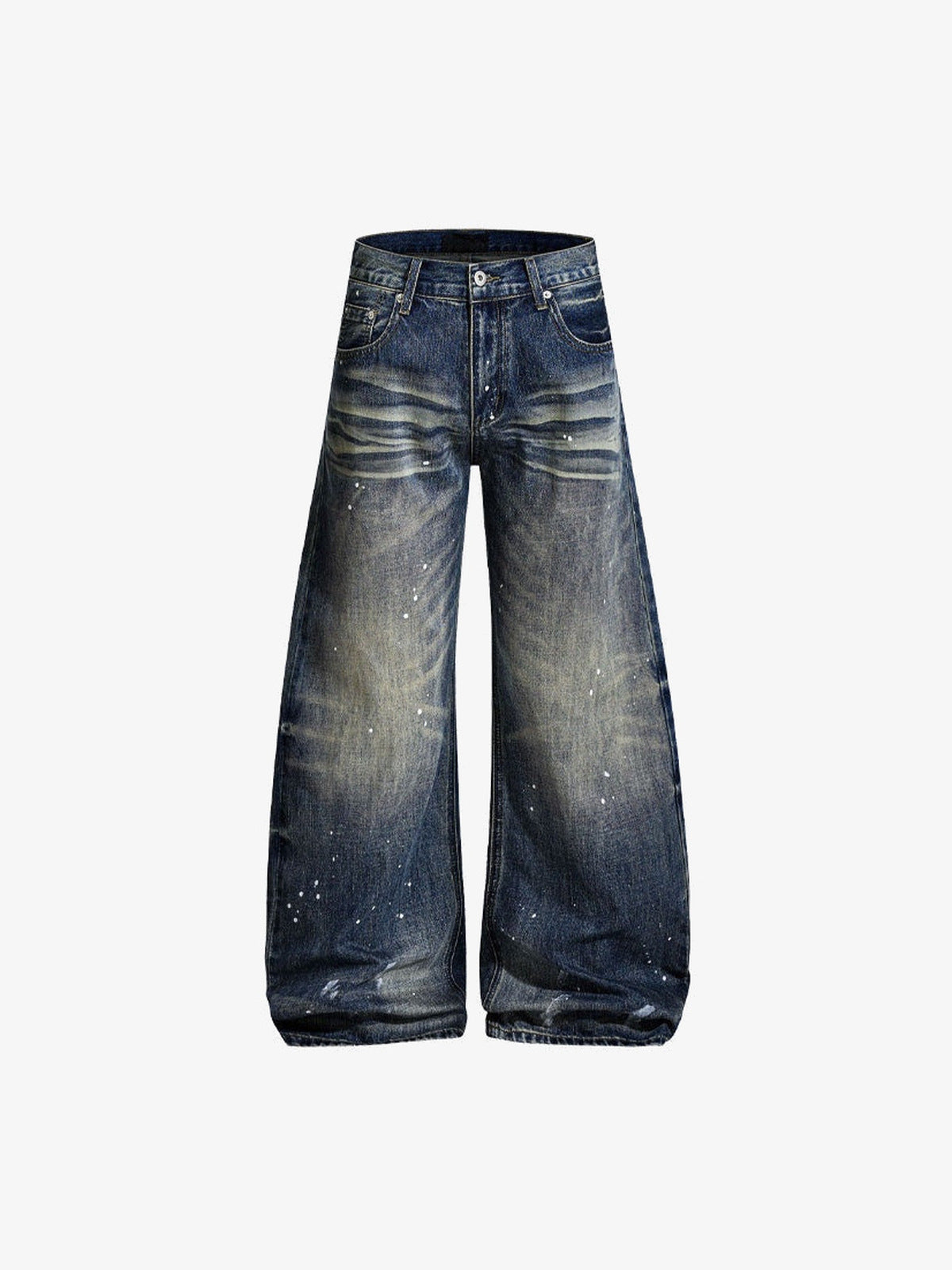 Vintage Wash Wide Leg Jeans with Paint Splatter – front flat | XoKool