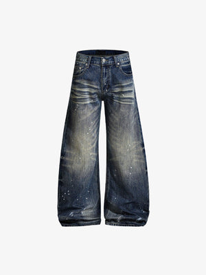 Vintage Wash Wide Leg Jeans with Paint Splatter – front flat | XoKool