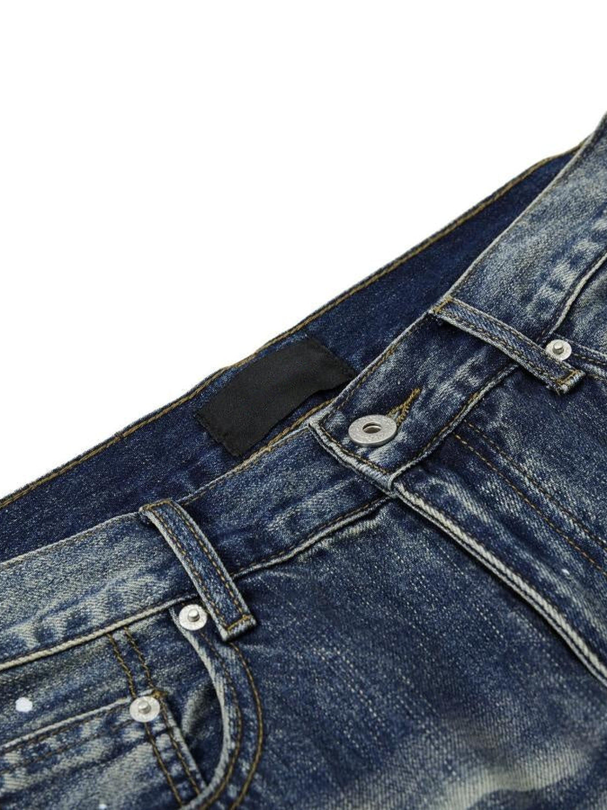 Vintage Wash Wide Leg Jeans with Paint Splatter – waistband and button fly close-up | XoKool