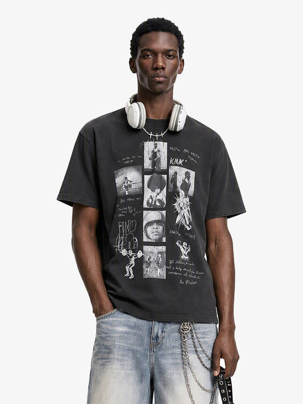 Vintage Washed T-Shirt with Photo Strip Collage – on model, front | XoKool