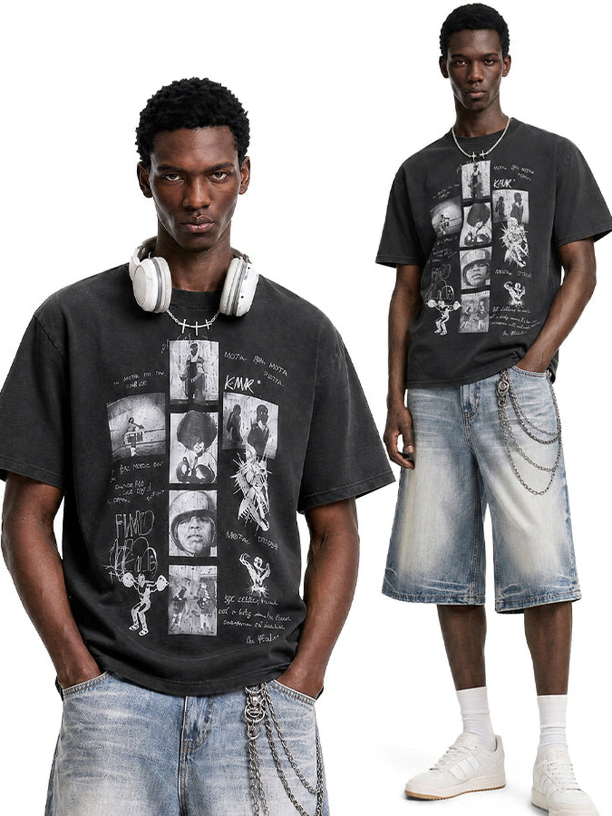 Vintage Washed T-Shirt with Photo Strip Collage – on two models, front | XoKool