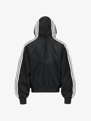 Vintage Washed Trainingsjacke mit gestreifter Kapuze – Schwarz, Rückansicht | XoKool