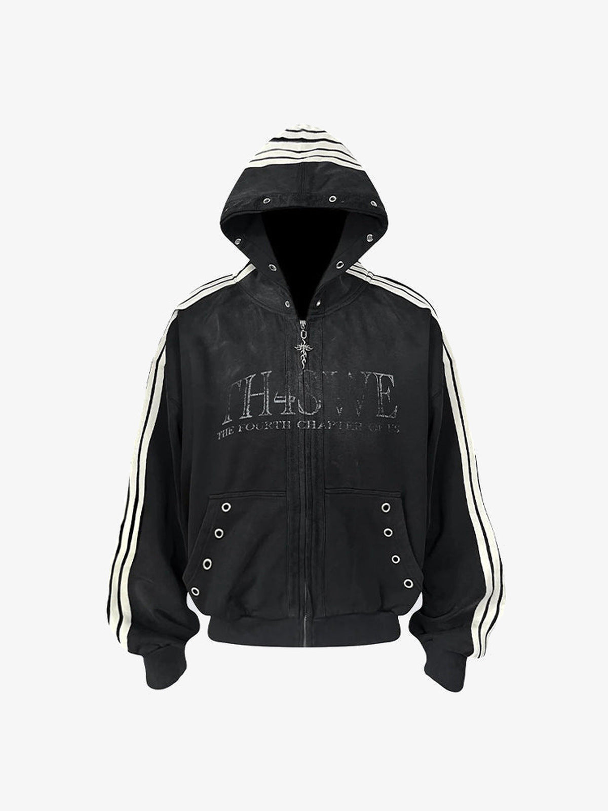 Vintage Washed Trainingsjacke mit gestreifter Kapuze – Schwarz, Vorderansicht | XoKool