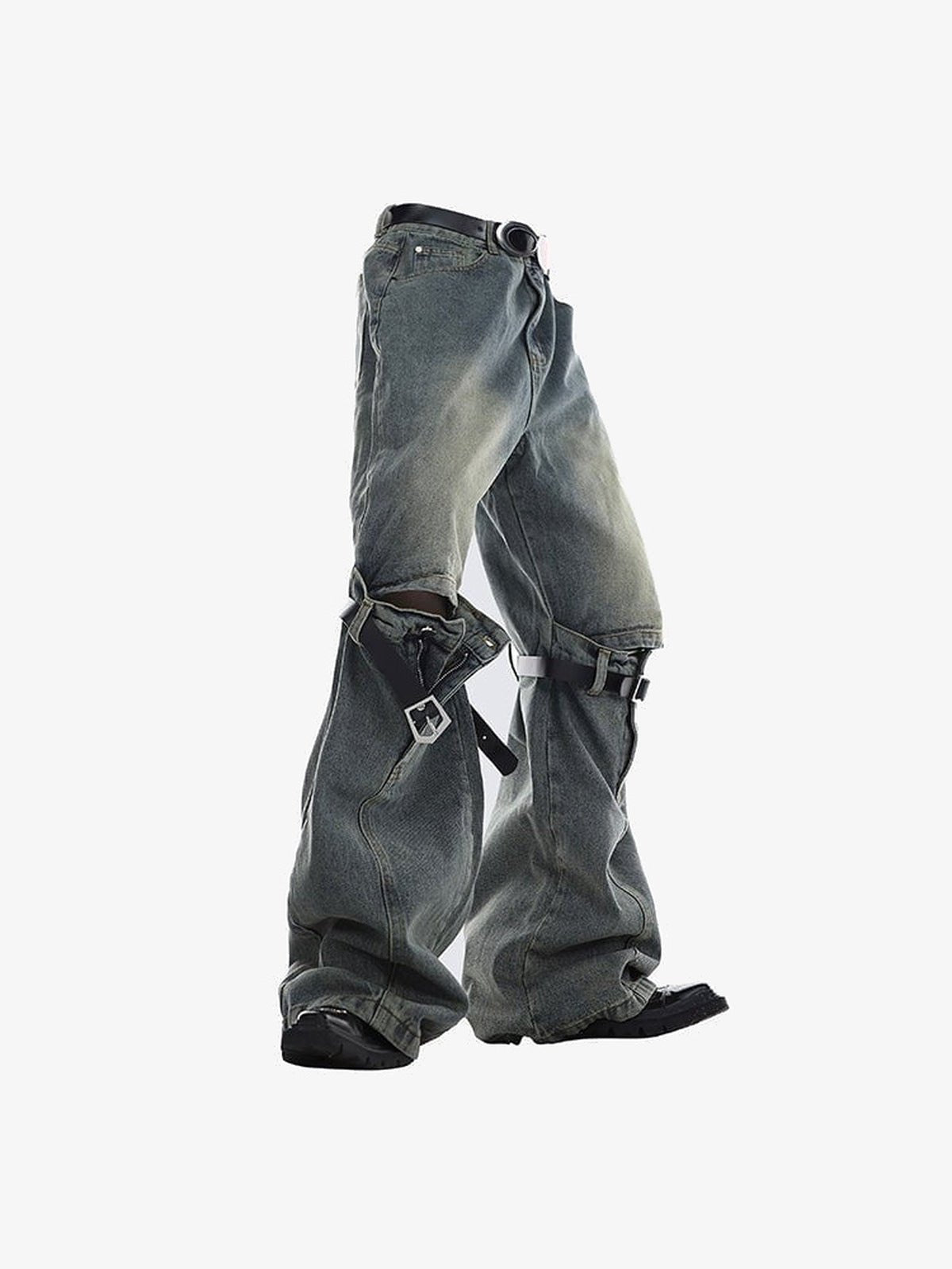 Vintage Wide Leg Jeans mit Schnallenriemen am Knie – Vintage Blau, Seite flach | XoKool