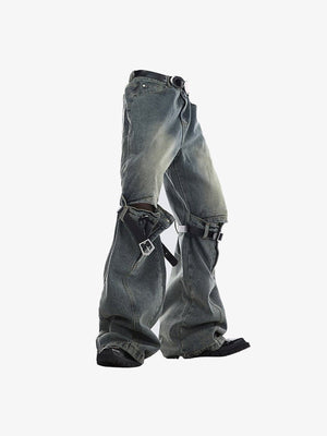 Vintage Wide Leg Jeans mit Schnallenriemen am Knie – Vintage Blau, Seite flach | XoKool