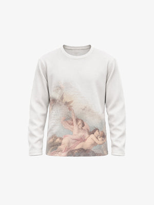 Waffelstrick Longsleeve mit Cherub-Gemälde-Print – Creme, Vorderansicht | XoKool