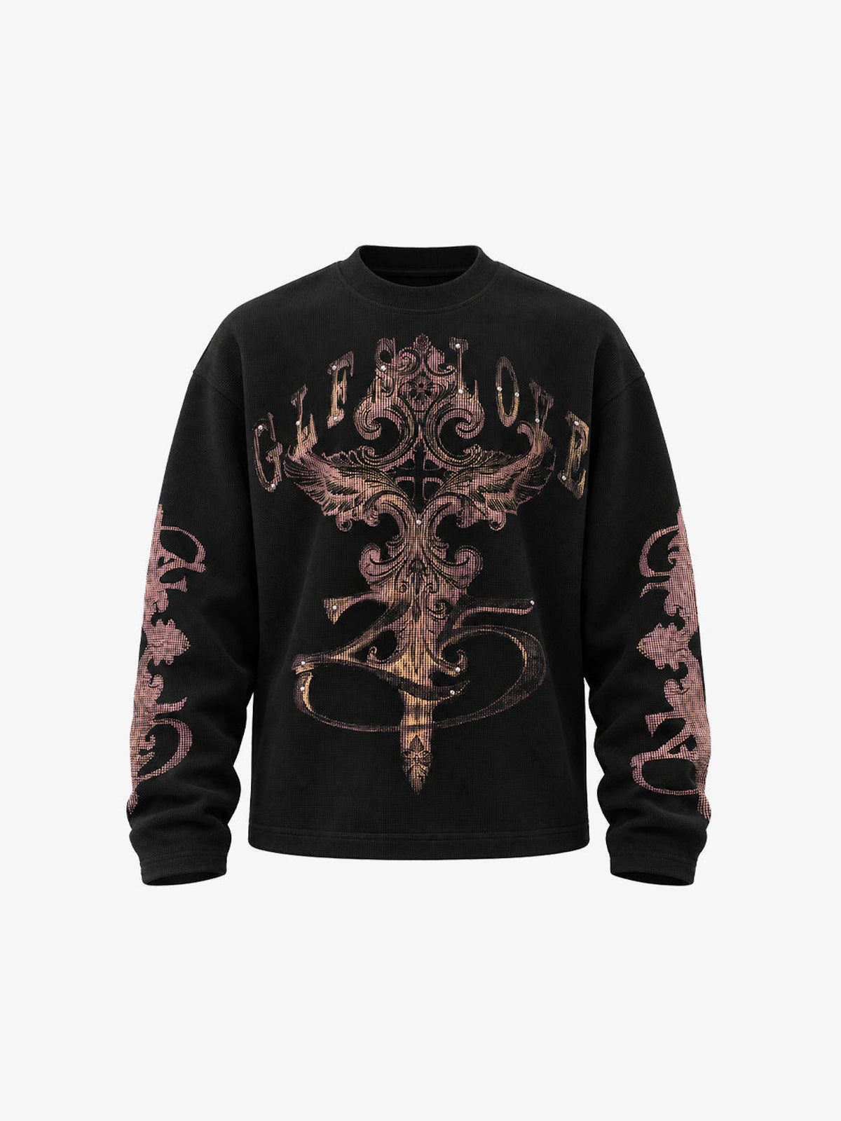 Waffle Knit Longsleeve mit Nieten-Kreuz – Schwarz, Vorderseite flach | XoKool