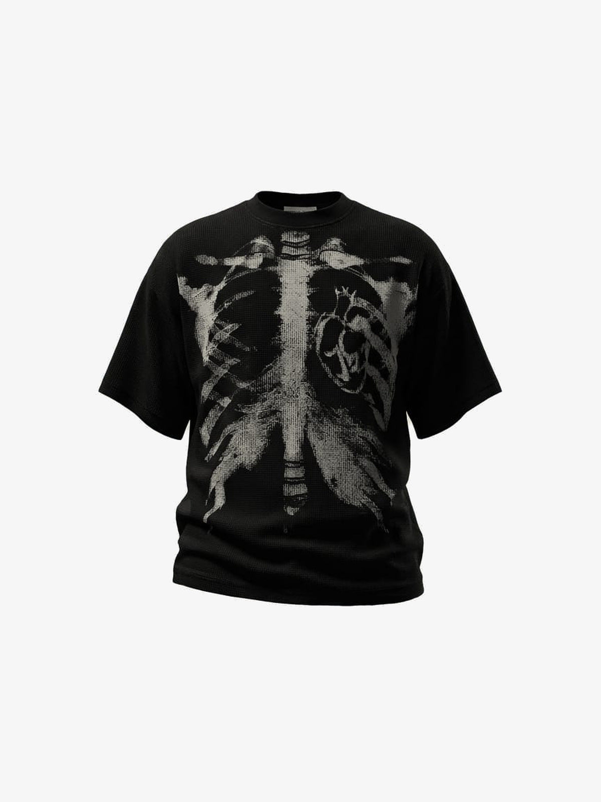 Waffle Knit Oversized Tee with X-Ray Ribcage Print – Black, front | XoKool