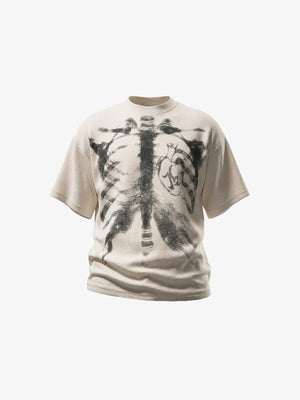 Waffle Knit Oversized Tee with X-Ray Ribcage Print – Cream, front | XoKool