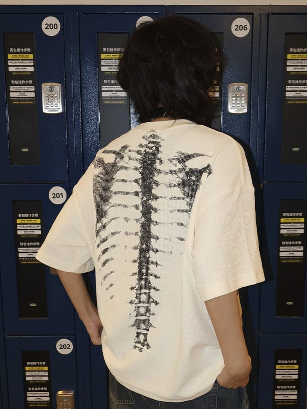 Waffle Knit Oversized Tee with X-Ray Ribcage Print – on model, Cream, back | XoKool