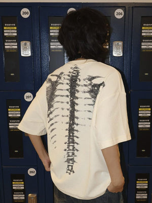 Waffle Knit Oversized Tee with X-Ray Ribcage Print – on model, Cream, back | XoKool