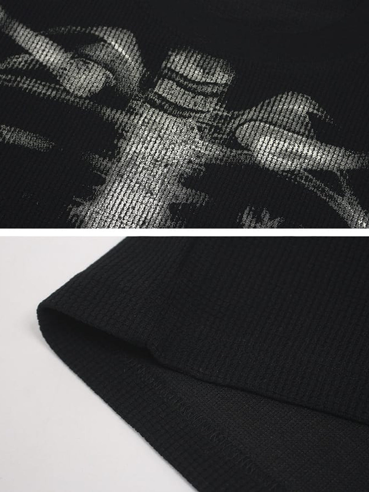 Skeleton waffle tee – print and hem close-up | XoKool