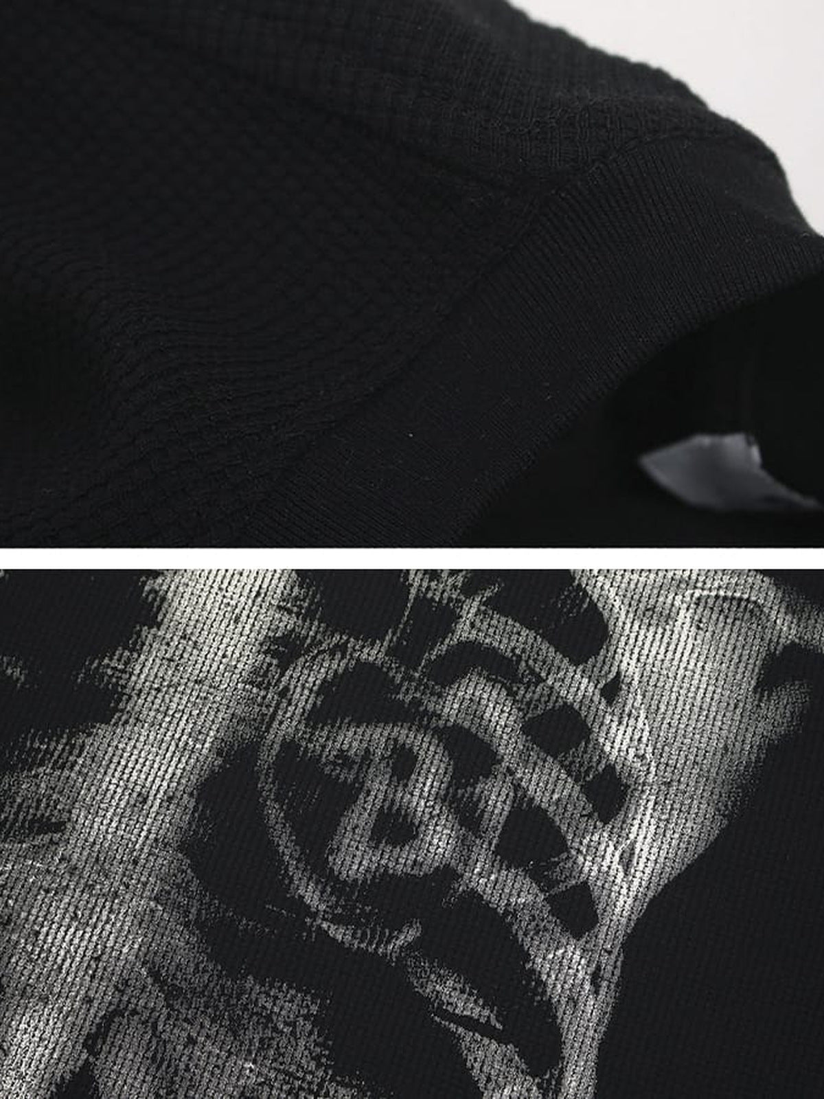Skeleton waffle tee – waffle texture and print close-up | XoKool