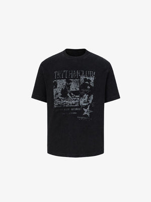Waffle Knit T Shirt with Photo Collage Print – Black, front flat | XoKool
